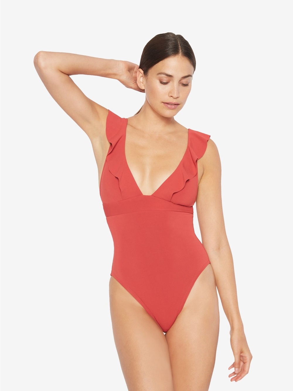Robin Piccone Lina Ruffle V-neck One Piece Red Swimsuit Size 4